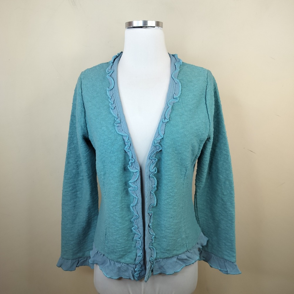 Willow Ruffled Cardigan Sweater Womens Small Open Front Made in USA Cotton